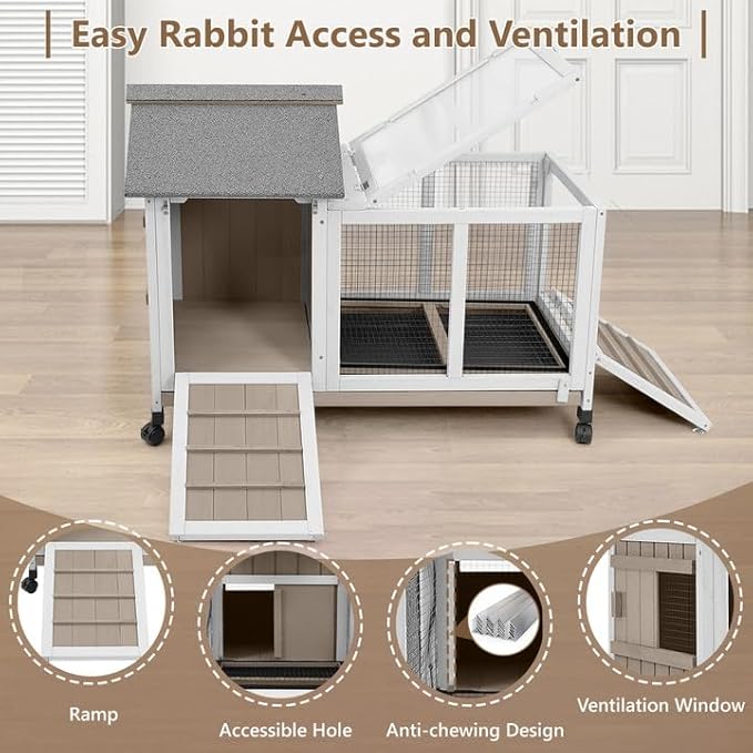 38''L Rabbit Hutch Outdoor Indoor with Wheels, Wooden Expandable 2 Story Bunny House Rabbit Cage with Run, Waterproof Roof, Pull Out Tray, Guinea Pig Cage Chicken Coop for Small to Medium Pets-PurrikoPets