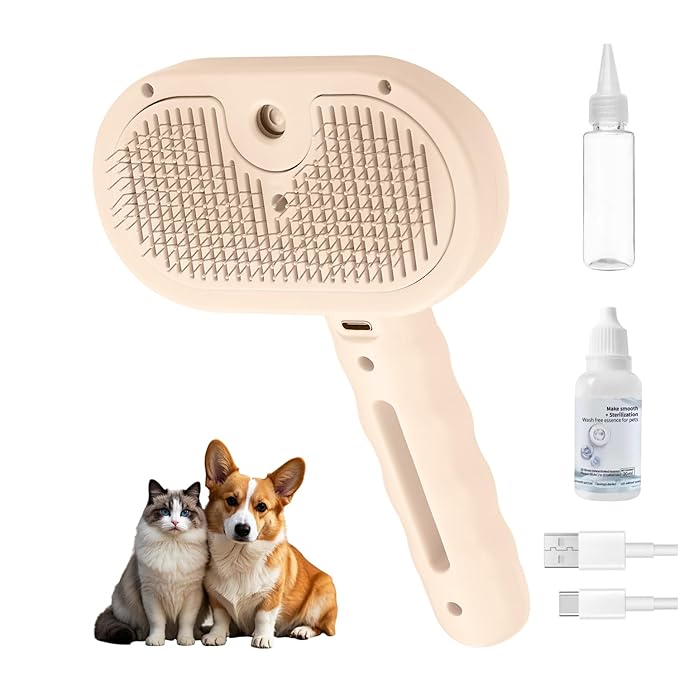 3-in-1 Pet Steam Brush, Grooming Comb with Water Tank for Cats and Dogs, Long and Short Hair (Pink)-PurrikoPets