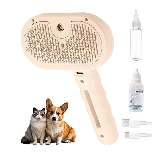 3-in-1 Pet Steam Brush, Grooming Comb with Water Tank for Cats and Dogs, Long and Short Hair (Pink)-PurrikoPets