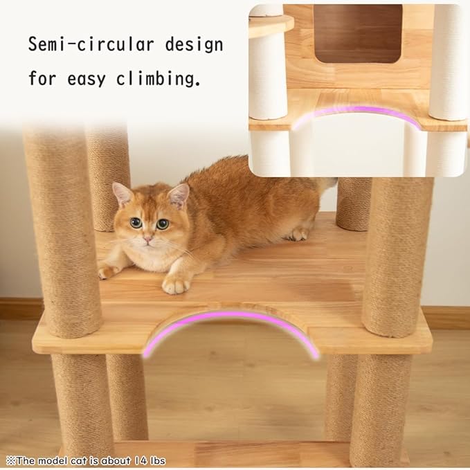 74.8" Wooden Cat Tree Tower for Large Cats, Multi-Level Cat Climbing Furniture with Scratching Posts, Cat Condo & Hammock, Natural Wood Cat Activity Center (White)-PurrikoPets