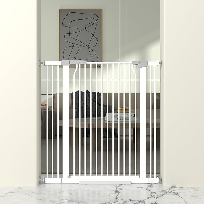 41" Extra Tall Baby Gate for Doorway, 32.6-40.5'' Metal Pet Baby Safe Gate, Extra Wide Pressure Mounted Child Door with Expansion Kit, No Drilling Cat Fence Indoor, No Climb Cat Proof Gate, White-PurrikoPets