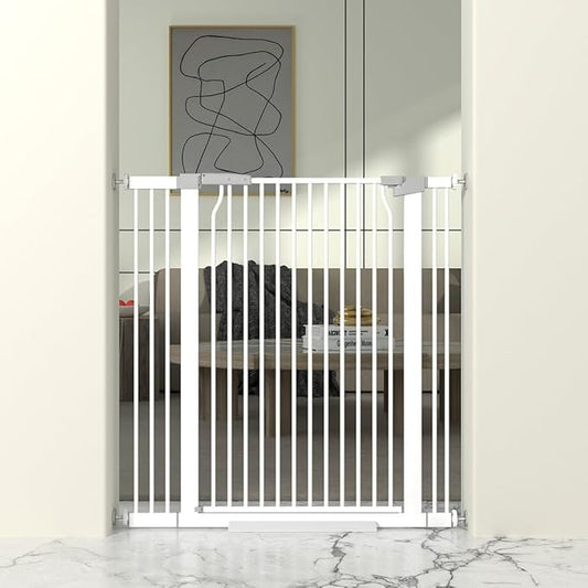 41" Extra Tall Baby Gate for Doorway, 32.6-40.5'' Metal Pet Baby Safe Gate, Extra Wide Pressure Mounted Child Door with Expansion Kit, No Drilling Cat Fence Indoor, No Climb Cat Proof Gate, White-PurrikoPets