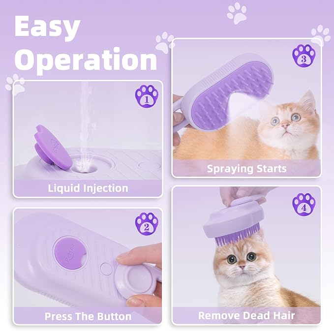 4-in-1 Rechargeable Anti-Dandruff Pet Steam Brush — brush for sheddingCats & Dogs,pet hair removal tool. Integrating functions of massage,clean, hair grooming and anti-static (purple)-PurrikoPets