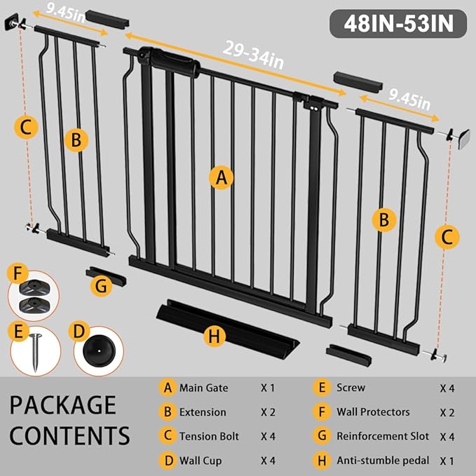 Fairy Baby Extra Wide Baby Gate 48-53 Inch Wide, Walk Through Pressure Mounted No Drill, Long and Large Tension Gate for Pet and Kids, Black-PurrikoPets