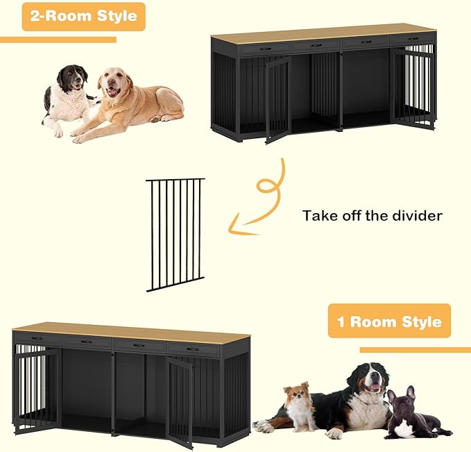 Extra Large Dog Crate with Double Rooms, 93" Heavy Duty Wooden Dog Cage Furniture Dog Crate Kennel w/Drawers & Removable Divider,Indoor Luxury Dog House for Large Dogs,Black-PurrikoPets
