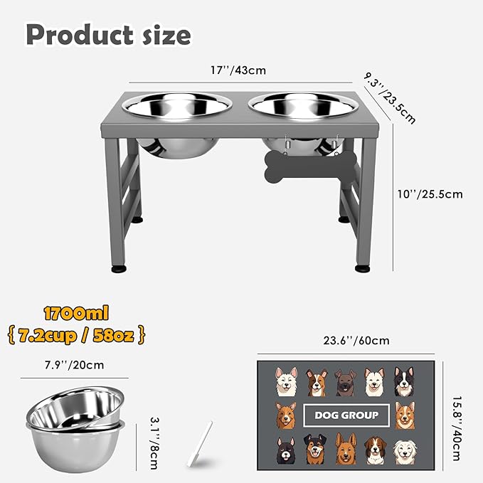Elevated Dog Bowls, 10" Tall Height, Raised Bowl Stand with 2 Stainless Steel Food Feeder Bowls (58oz) and Spill-Proof Mat for Medium Large and Small Breeds, Grey-PurrikoPets