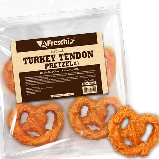Afreschi Natural Turkey Tendon Pretzel (L) 10 oz, USA-Sourced Turkey Tendon, All Natural Puppy Chew, Hypoallergenic, Rawhide Alternative, for Large Breeds-PurrikoPets