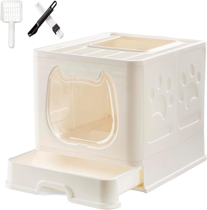 Gefryco Foldable Cat Litter Box with Lid,Covered Litter Box for Small and Medium Cats, Enclosed Cat Potty with Scoop and Brush, Top Entry Cute Kitten Litter Tray with Drawer and Top Cover(White)-PurrikoPets