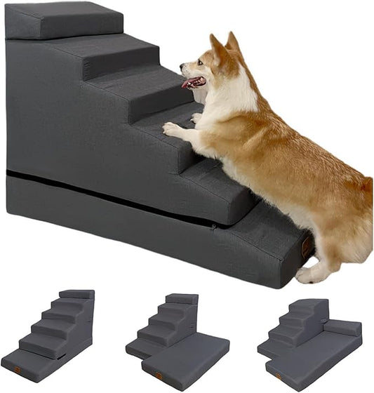 Dog Stair ramp for 30 inch high beds. 6-Step Dog Stair Ramp for 20 to 36 Inch Sofa Beds. Pet Steps for Small, Medium and Large Dogs. Non-Slip, Balanced and Portable. Multifunctional 6 Steps, Gray.-PurrikoPets