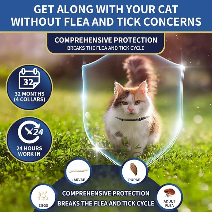 4 Pack Flea Collar for Cats, 32 Months Flea and Tick Prevention for Cats, Waterproof Cat Flea Collar, Natural Cat Flea and Tick Treatment, Adjustable Flea and Tick Collar for Cats Kittens(4 Colors)-PurrikoPets