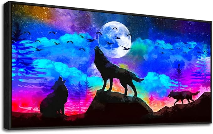 Framed Canvas Wolf Landscape Painting Canvas Wall Art For Living Room Bathroom Wall Decor For Bedroom Kitchen Artwork Canvas Art Prints Modern Office Home Decorations Blue Starry Sky Hang Pictures-PurrikoPets