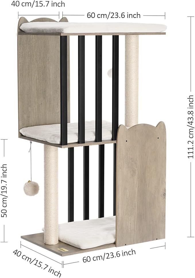 FourFurPets 43.8in 3-Tier Modern Cat Tree Tower Condo, Cat Scratch Posts for Indoor Cats, Big Plate, Two 19.7in Full Sisal Scratching Posts, Greige-PurrikoPets