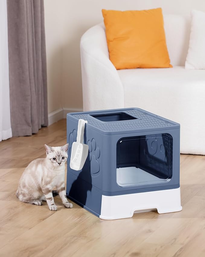 Enclosed Cat Litter Box, Large Litter Box for Big Cats, Covered Kitty Litter Boxes with Lid, Top Entry Cat Box Enclosure with Scoop, Odor Control, Easy to Clean(Blue)-PurrikoPets