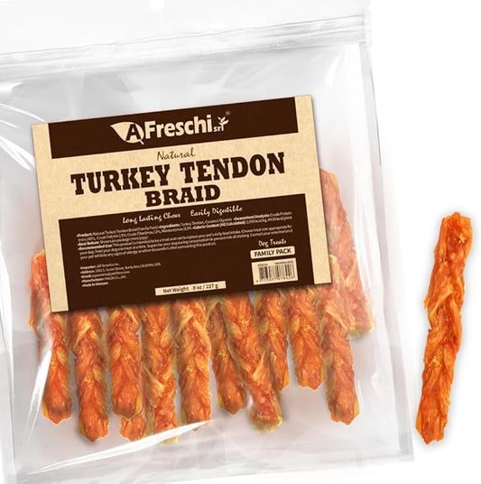 Afreschi Turkey Tendon Dog Treats, 8 oz Braid (for Medium Breeds), USA-Sourced Turkey Tendon, All Natural Puppy Chew, Hypoallergenic, Rawhide Alternative-PurrikoPets