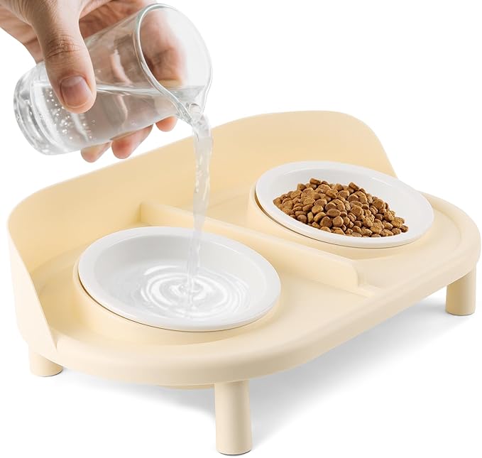 Elevated Cat Bowls, Tilted Rised Cat Food and Water Bowl with 2 Pcs Ceramic Pet Bowls, Rised Stand, Pet Dish Anti Vomiting Feeding Station for All Sized Cats & Small Dogs (Milk Coffee)-PurrikoPets