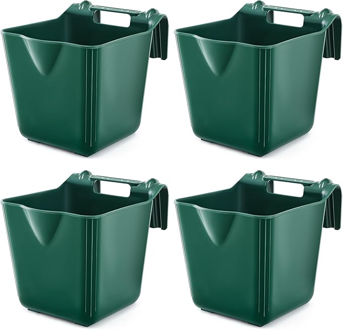4 Pack 15 Quart Horse Feeders for Stall Hook Over Hanging Fence Hay Feeder Mountable Livestock Plastic Feed Bucket for Farm Stalls Pasture, Stable to Feed Horses Sheep Cattle Cows Etc(Green)-PurrikoPets