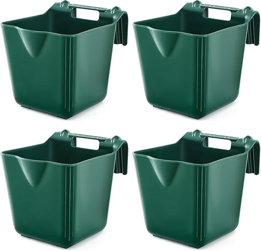 4 Pack 15 Quart Horse Feeders for Stall Hook Over Hanging Fence Hay Feeder Mountable Livestock Plastic Feed Bucket for Farm Stalls Pasture, Stable to Feed Horses Sheep Cattle Cows Etc(Green)-PurrikoPets