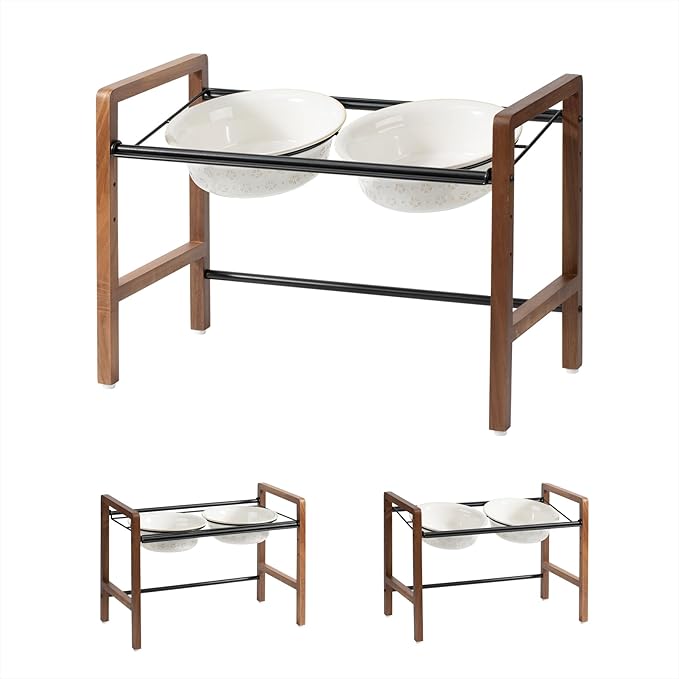 7.1inch Ceramic Adjustable Raised Double Bowls Set with Stand, 3 Heights Elevated, 2 Placement Options,Food and Water Bowls for Medium and Large Dog(Reactived Glaze -White)-PurrikoPets