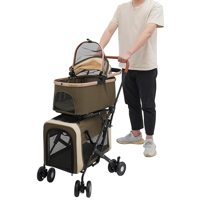 2-Layers Pet Stroller for 2 Cats/Dogs,Foldable Lightweight 77lbs Capacity Carrier, 4 Wheels, Removable Basket & Storage Pocket,for Small Pets (Green)-PurrikoPets