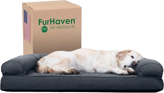 Furhaven Cooling Gel Dog Bed for Large Dogs w/ Removable Bolsters & Washable Cover, For Dogs Up to 95 lbs - Quilted Sofa - Iron Gray, Jumbo/XL-PurrikoPets