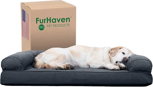 Furhaven Cooling Gel Dog Bed for Large Dogs w/ Removable Bolsters & Washable Cover, For Dogs Up to 95 lbs - Quilted Sofa - Iron Gray, Jumbo/XL-PurrikoPets