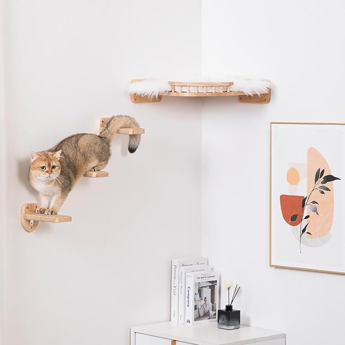 3pcs Cat Wall Steps, Climbing Mounted Furniture, Shelves With Hemp Rope Covered, Solid Wood Ladder for Playing and Climbing (Standard-Wood)-PurrikoPets