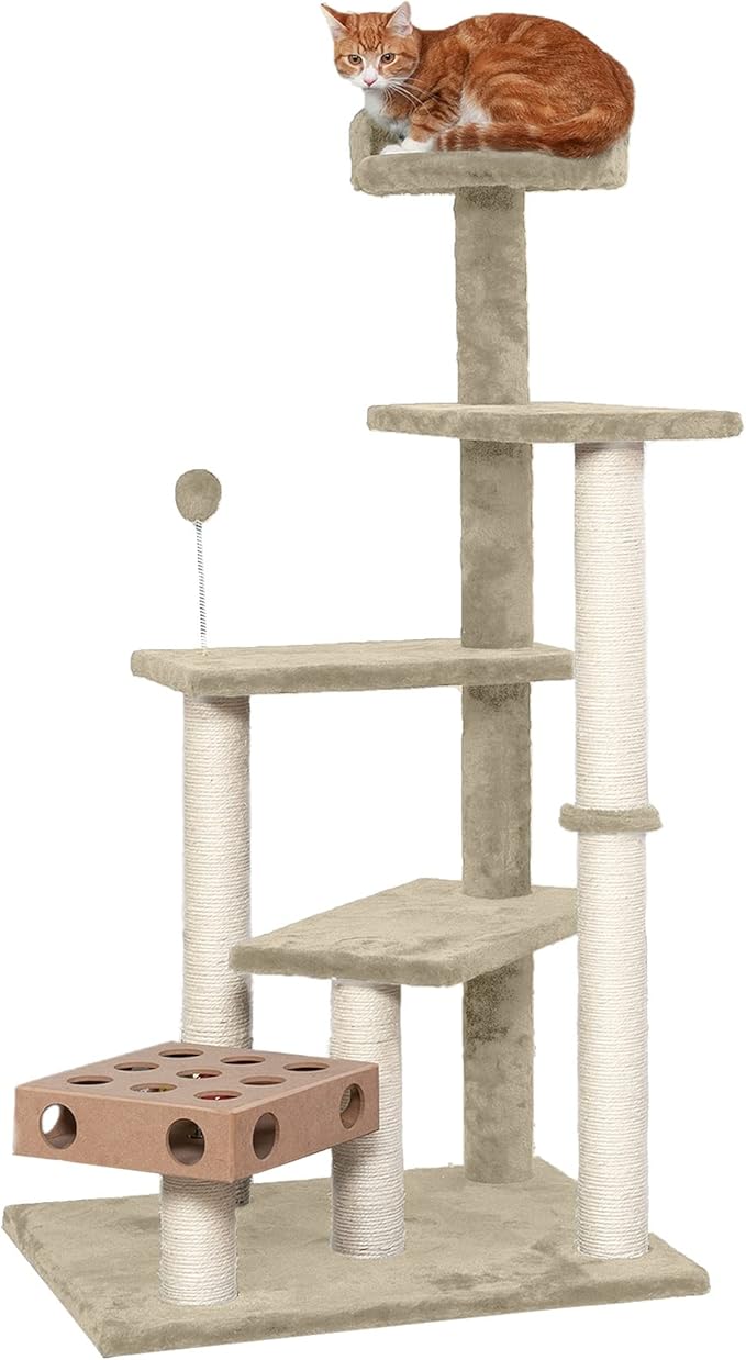 Furhaven 49.5" Tall Cat Tree for Indoor Cats, Ft. Sisal Scratching Posts, Plush Ball Toy, & Busy Box Toy - Tiger Tough Play Stairs Interactive Playground Tower - Cream, One Size-PurrikoPets