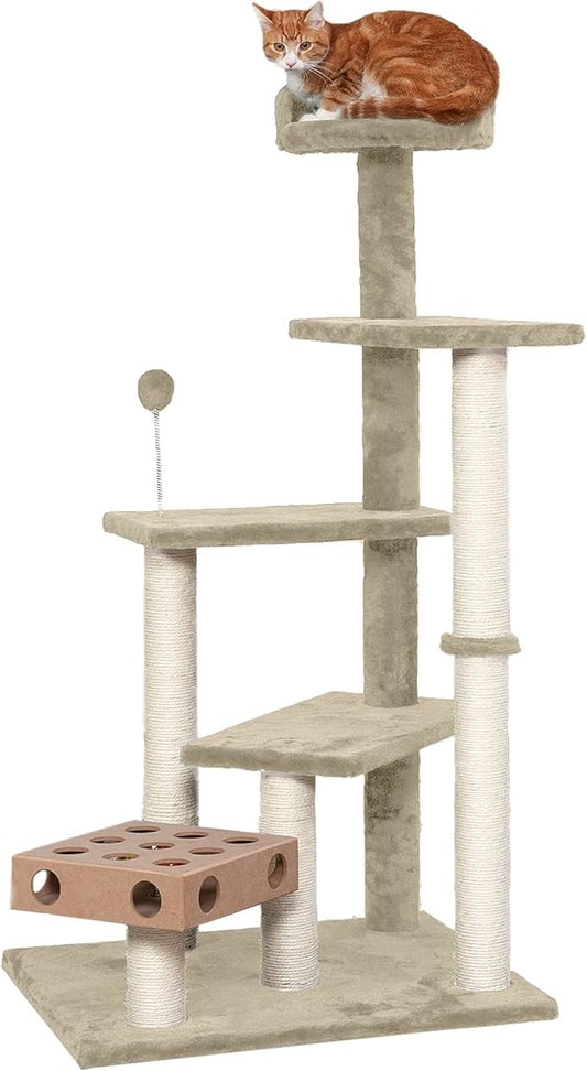 Furhaven 49.5" Tall Cat Tree for Indoor Cats, Ft. Sisal Scratching Posts, Plush Ball Toy, & Busy Box Toy - Tiger Tough Play Stairs Interactive Playground Tower - Cream, One Size-PurrikoPets