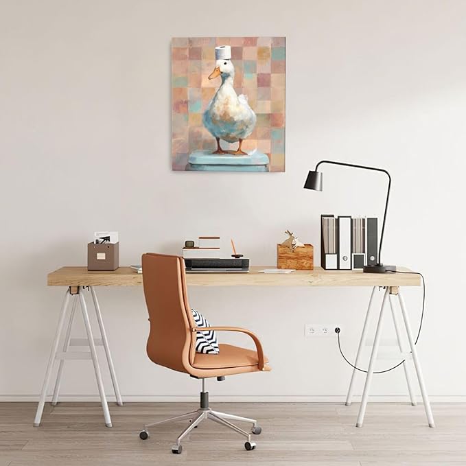 Funny Duck Bathroom Wall Art Cute Duck on Toilet Canvas Wall Decor Funny Quirky Farm Animal Pictures Painting Print Framed Artwork Decorations Gifts for Bathroom 20"x24"-PurrikoPets