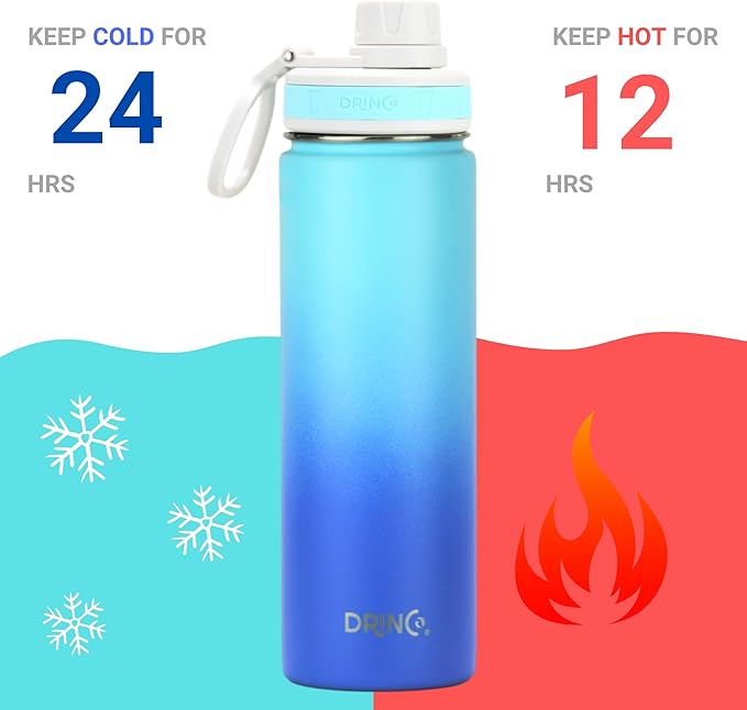 DRINCO Stainless Steel Water Bottle Spout Lid Vacuum Insulated Double Wall Water Bottle Wide Mouth (40oz 32oz 22oz 18oz 14oz) Leak Proof Keeps Cold or Hot (22 oz, 22oz Morning Sky Blue)-PurrikoPets