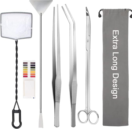 7 in 1 Aquarium Aquascape Tool Kit 15 inch, Aquatic Plant Extra Long Aquascaping Tool for Aquarium Fish Tanks Clean Accessories Set with Silver Tweezer Scissor Spatula, Fish Net, PH Paper, Bag-PurrikoPets