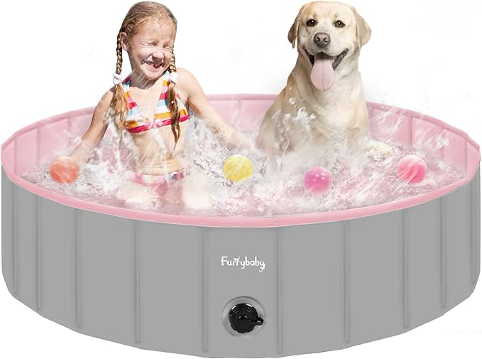 Furrybaby Dog Pool, Kiddie Pool Hard Plastic Foldable Dog Pools for Large Dogs Portable Pet Doggie Wading Swimming (Pink 47'') Indoor and Outdoor-PurrikoPets