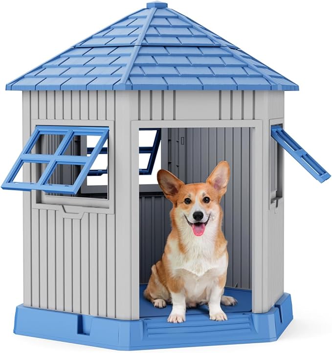 DRATO Dog House Indoor Outdoor Durable Large Dog Shelter with Outside Dog Kennel with Window and Elevated Floor for Small Medium Dogs (Blue, by)-PurrikoPets