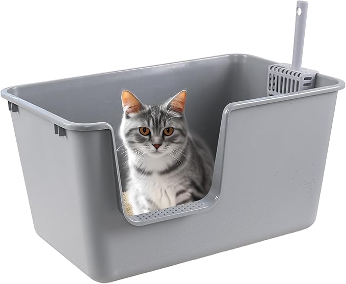 4 Packs Large Cat Litter Box with High Sides, Grey Open Top Cat Litter Basin-PurrikoPets