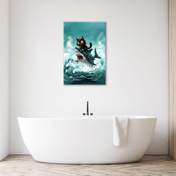 Funny Black Cat Bathroom Wall Art Cute Cat Riding Shark Canvas Wall Decor Animal Kitten Pictures Painting Print Artwork Framed Decorations Gifts for Cat Lover Kids Room Bedroom 16"x24"-PurrikoPets