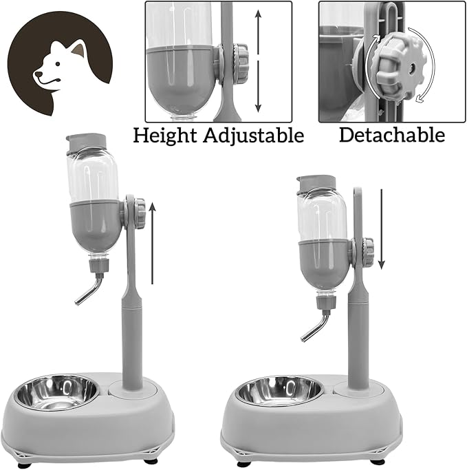 Fhiny Dog Water Feeder Bottle with Stand, Dispenser Automatic Water Food Bowl for Cage Leak-Proof No-Drip Adjustable Raised Pet Slow Water Bottle Dog Kennel Durable Drinker Container-PurrikoPets