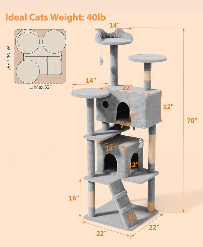 70'' Cat tree Tower for Indoor Cats Large Adult,Cute/Tall Modern Cat Tree for Big Cats 20 lbs,Plush Multi-Level Cat Condo with Scratching Posts,Dangling Ball for fun play(Light Gray, 70 inch)-PurrikoPets