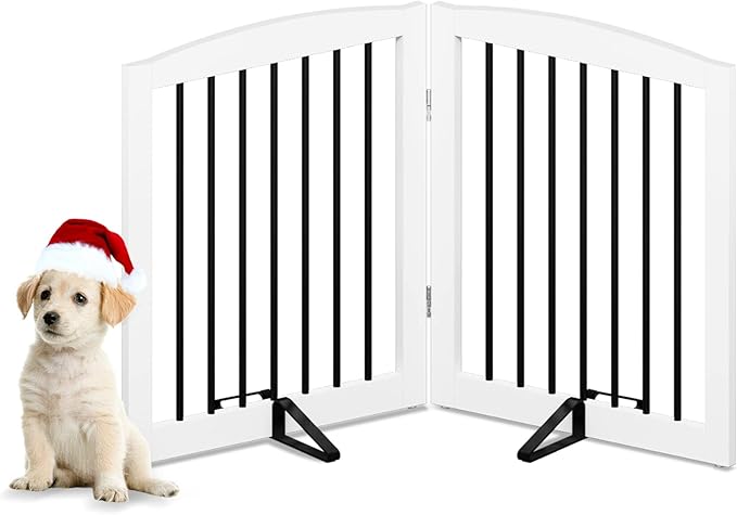 Freestanding Pet Gate for Dogs, Foldable Wooden Dog Gate for House, Indoor Pet Barrier for Stairs, Doorways, Support Feet Included, 24" Height 2 Panels, White-PurrikoPets
