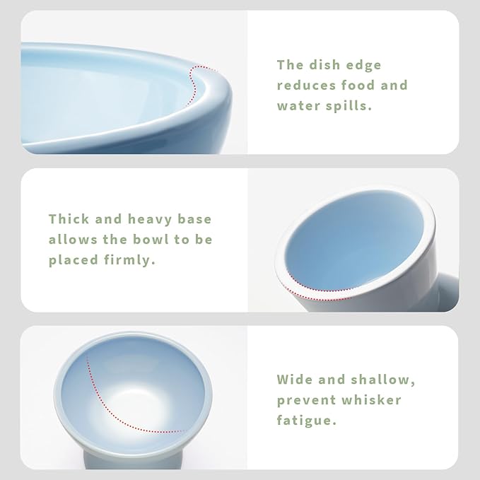 Extra Wide Elevated Ceramic Cat Bowl, 6.2" Shallow Dish for Whisker Fatigue Relief, 5" Height for Easy Feeding, Durable Raised Cat Food Bowls, Pack of 2, Blue-PurrikoPets