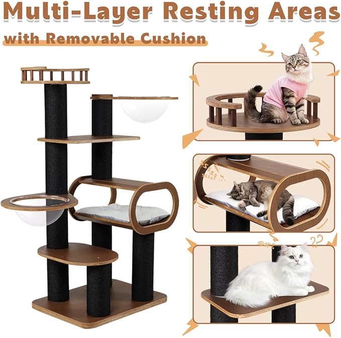 63'' Modern Cat Tree, Black Cat Tower with Scratching Post, Wooden Cat Tree for Indoor Cats Large Adult, Luxury Cat Furniture, Heavy Duty Activity Center with Transparent Bowl and Semi-Closed Condo-PurrikoPets