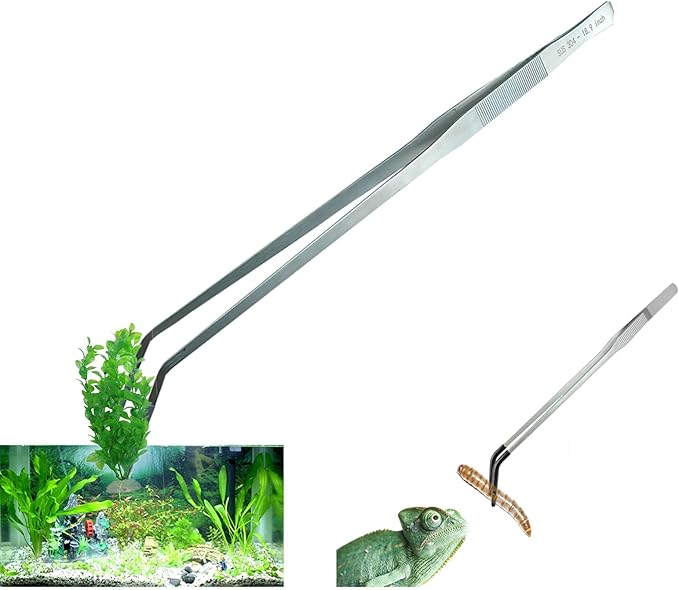 2 Pack Extra Long Tweezers, Fecsam Feeding Tongs, 18.9 inch & 10.5 inch Curved Aquarium Stainless Steel Large Aquascape Tools for Fish Tank, Terrarium，Aquascaping, Reptile, Bearded Dragon-PurrikoPets
