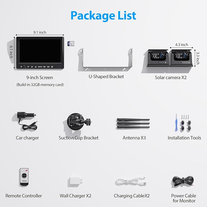 2 Magnetic Solar Wireless Backup Camera HD 1080P 9" DVR Monitor, Solar Rechargeable RV Backup Cameras Wireless System for Hitching Gooseneck Horse Trailer Fifth Wheels RVs Trucks BL902-PurrikoPets