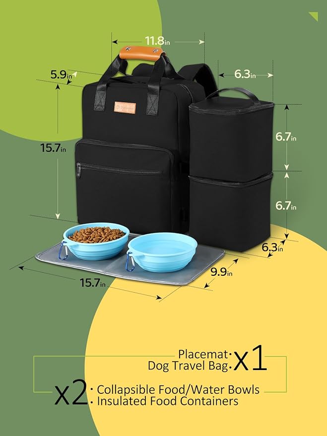 Dog Travel Bag, 25L Airline Approved Dog Travel Backpack for Pet Travel Accessories with 2 Food Storage Containers, 2 Foldable Bowls for Short Trips, Black-PurrikoPets