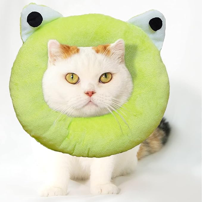 Adjustable Cat Recovery Collar Soft,Cute Pet E-Collar Neck Cone After Surgery Wound Healing Protective Cone Fit for Kitties, Small Dogs(ELC05-frog-s)-PurrikoPets