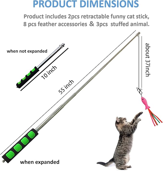2pcs Retractable Wand Toys, Cat Fishing Rod with 11 Pcs Feather Refills for Indoor & Outdoor Cats-PurrikoPets