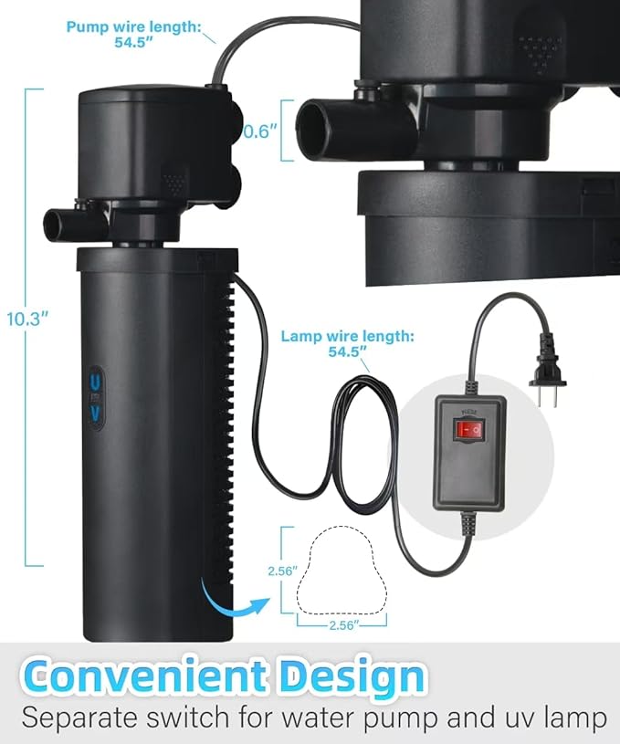 Goldfish Aquarium Filter U-Very Suitable for 20-75 Gallon Tank, 30 Gallon Fish Tank Water Filter for Green Water Control, Internal Submersible Pump Filtration System, Fish Filters for Aquariums-PurrikoPets