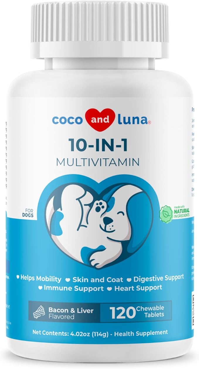 10 in 1 Multivitamin for Dogs - 120 Chewable Tablets with Glucosamine and Chondroitin - Fish Oil & Vitamins with Coq10 for Skin & Heart Health, Gut & Immune Support-PurrikoPets