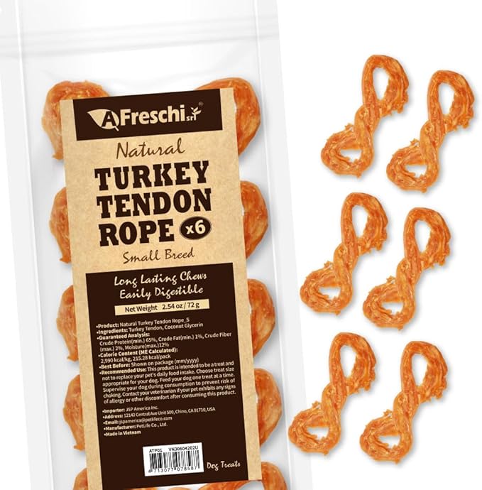 Afreschi Turkey Tendon Rope (S) 6 Pieces per Pack, USA-Sourced Turkey Tendon, All Natural Human Grade Puppy Chew, Hypoallergenic, Rawhide Alternative, Dog Treats for Small Breeds-PurrikoPets