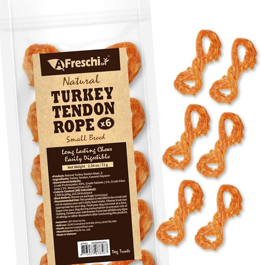 Afreschi Turkey Tendon Rope (S) 6 Pieces per Pack, USA-Sourced Turkey Tendon, All Natural Human Grade Puppy Chew, Hypoallergenic, Rawhide Alternative, Dog Treats for Small Breeds-PurrikoPets