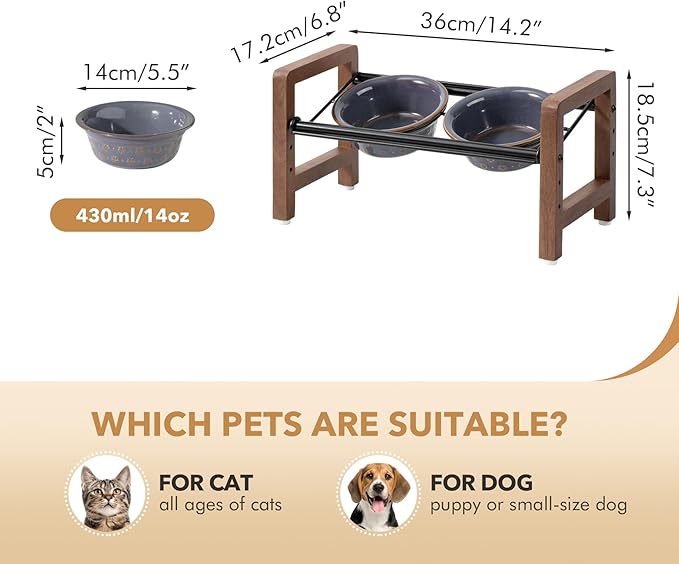 5.5inch Ceramic Adjustable Raised Double Bowls Set with Stand, 3 Heights Elevated, 2 Placement Options, Food and Water Dishes for Puppy, Cats（Double Bowls+Stand, Reactived Glaze -Grey-PurrikoPets